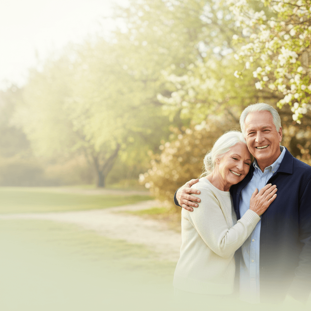 Older couple smiling outdoors, representing confident connection after hearing and balance care