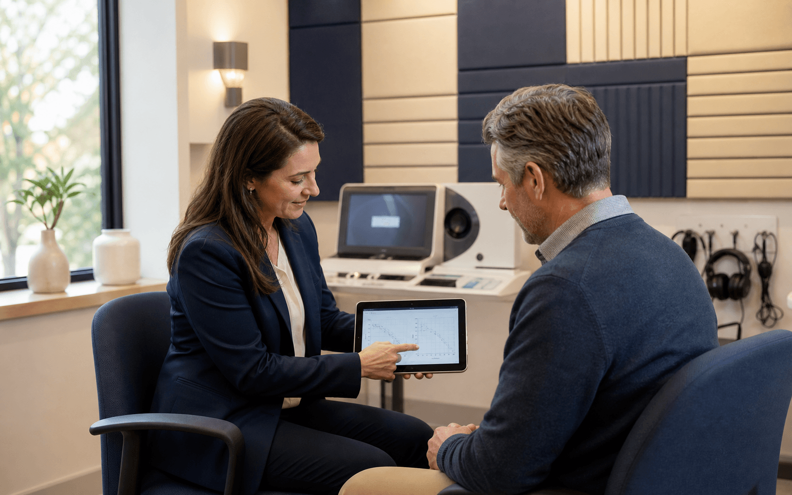 Audiologist reviewing hearing results with a patient in a refined clinic