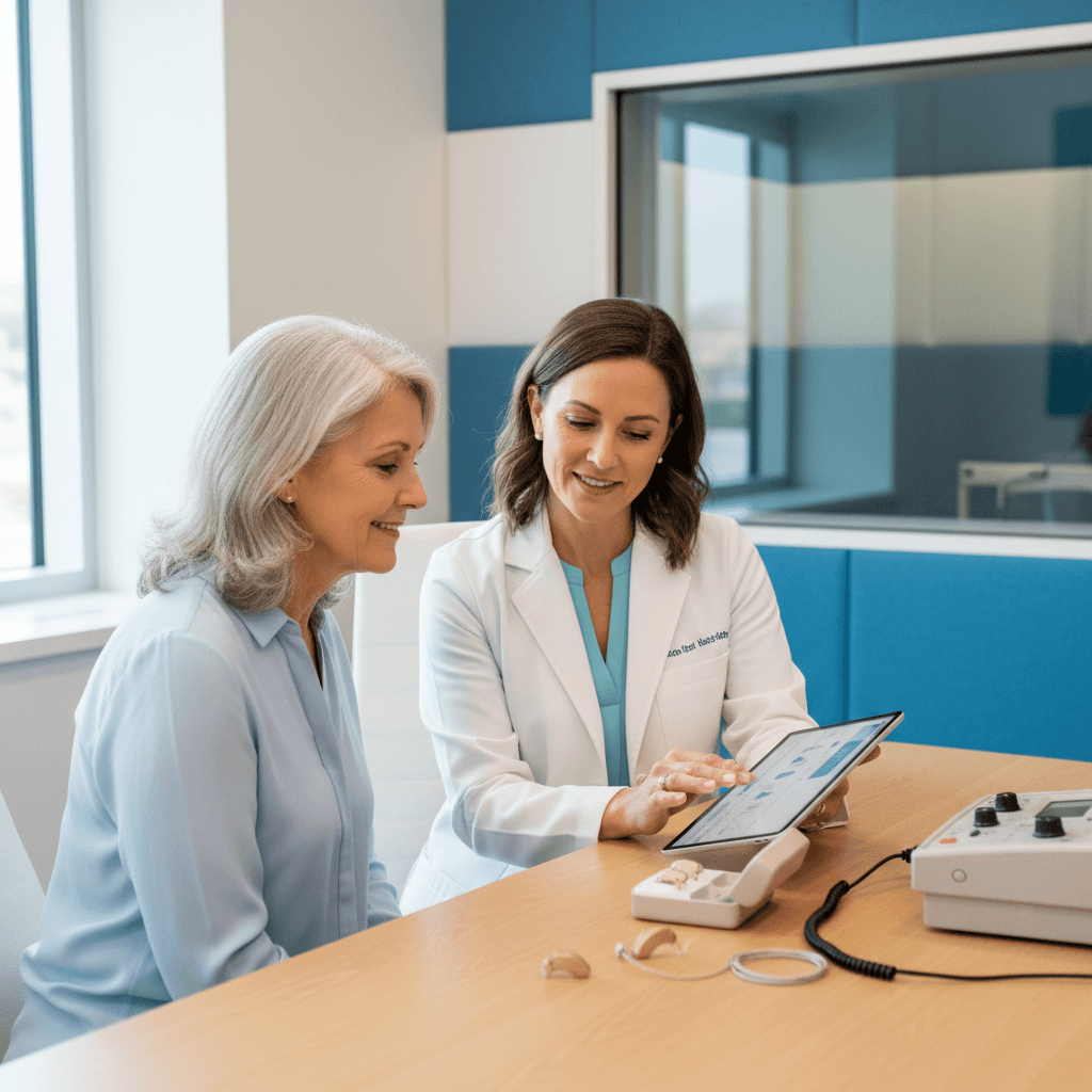 Audiologist consulting with a patient in a refined clinic
